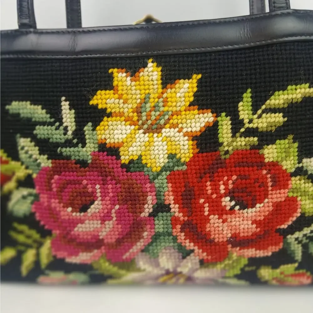 Vintage 1960's Black Leather Floral Needlepoint Handbag Gold Clasps Hong Kong